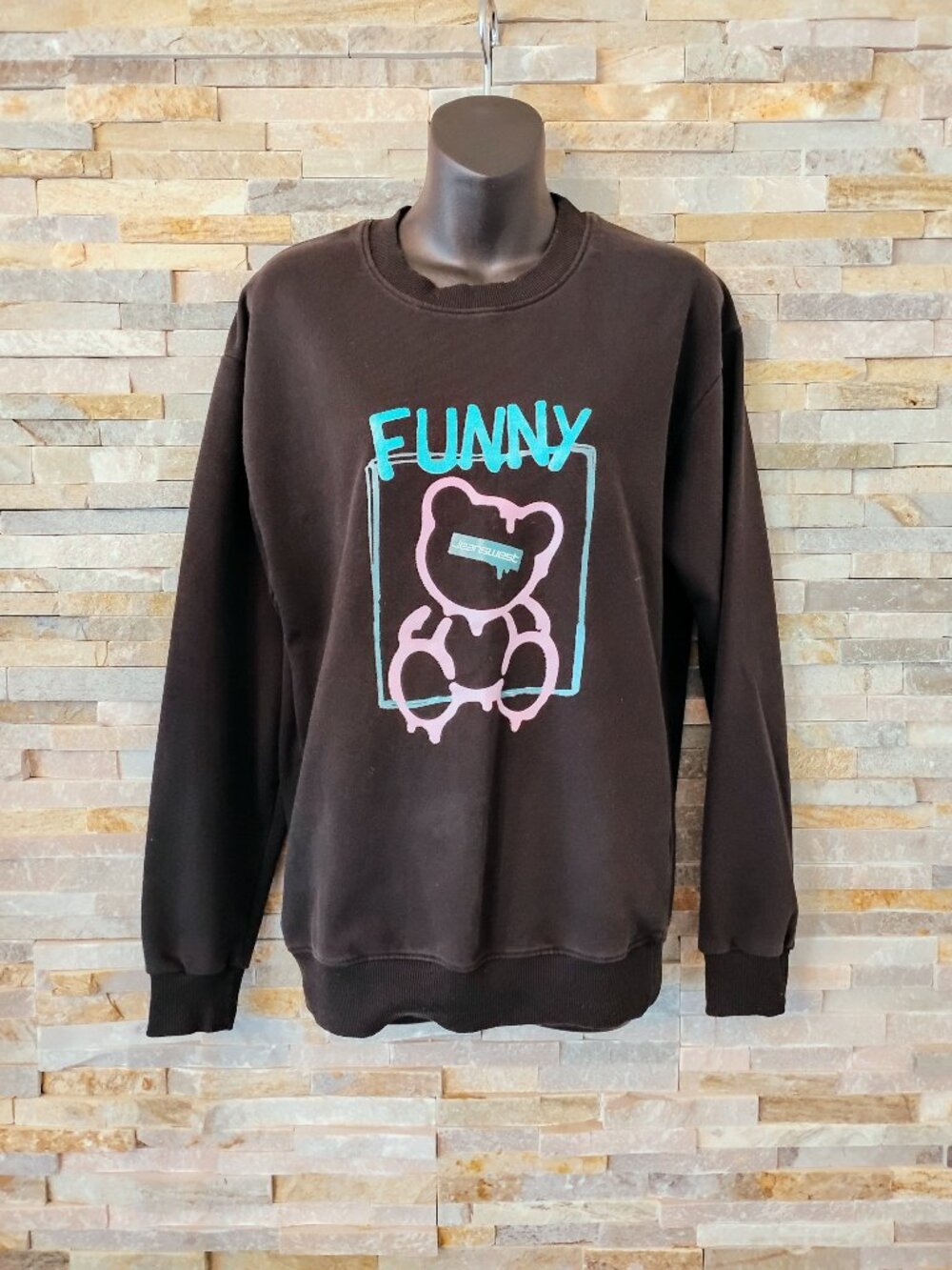 Jeanswest Black Oversized Graphic Sweatshirt Funny Teddy Bear Crewneck M